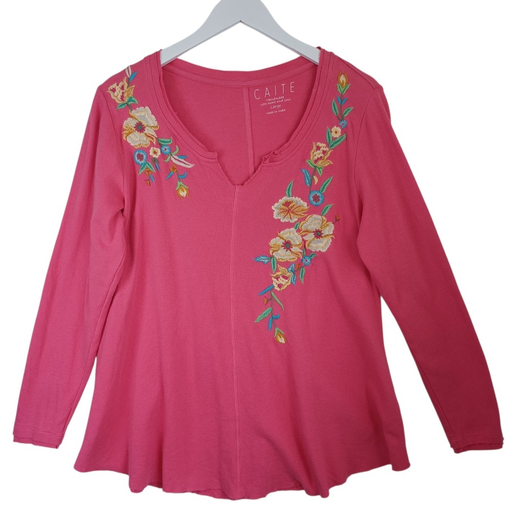 Caite Pink Waffle Knit Thermal Top Large Floral Embroidered Notch Neck Cotton‎